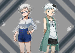 2girls aqua_eyes black_flower black_skirt blue-framed_eyewear blue_jacket blue_shorts brooch closed_mouth commentary cowboy_shot dual_persona english_commentary eyelashes flower glasses grey_eyes hair_flower hair_ornament hand_on_own_arm hand_on_own_hip high-waist_shorts highres jacket jewelry kyokugen_dasshutsu kyokugen_dasshutsu_adv:_zennin_shibou_desu long_sleeves mismatched_eyebrows multiple_girls necklace open_clothes open_jacket outline phi_(kyokugen_dasshutsu) rectangular_eyewear shirt short_hair shorts skirt sleeveless sleeveless_jacket sleeveless_shirt unknown-amelia very_short_hair white_hair white_outline white_shirt zero_escape:_toki_no_dilemma