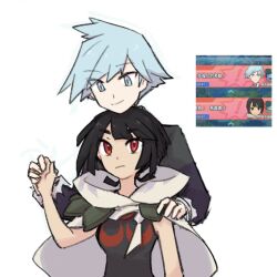 1boy 1girl black_hair blue_eyes blue_hair cape creatures_(company) game_freak game_screenshot_inset grey_cape hand_on_another&#039;s_shoulder hetero highres holding_hands nintendo pokemon pokemon_masters_ex pokemon_oras red_eyes simple_background steven_stone white_background xlii_idk zinnia_(pokemon)
