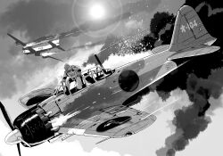 1boy a6m_zero aerial_battle aircraft airplane b-29_superfortress balaclava battle bomber bullet_hole cloud commentary_request contrail day fire flight_suit gloves goggles greyscale highres imperial_japanese_navy jumpsuit lens_flare life_vest looking_to_the_side matsuda_juukou military military_vehicle monochrome original outdoors pilot propeller propeller_fighter revision roundel shot_down sky smoke solo sun unit_patch united_states_air_force vehicle_focus world_war_ii