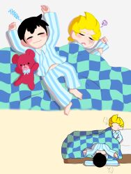 2boys barefoot bed black_hair blonde_hair blush child elementary_schoolboy falling feet lucas_(mother_3) mother_(series) mother_2 mother_3 mrsksigure multiple_boys ness_(mother_2) nintendo on_bed pajamas shota sleeping sleepover spread_legs super_smash_bros. sweat sweatdrop yaoi