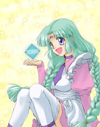 1girl apron aqua_hair braid canal_vorfeed choker dress facial_mark forehead_mark hitsuki_(pixiv3183632) long_hair long_sleeves looking_at_viewer lost_universe maid_apron pink_dress puffy_long_sleeves puffy_sleeves purple_eyes solo thighhighs twin_braids very_long_hair