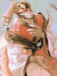 1boy animal_ears artist_name chinese_clothes claws commission disembodied_hand dragon_boy dragon_ears dragon_horns dragon_tail erji furry furry_male highres horns looking_at_viewer male_focus smile tail tarjumdad_(threefold_recital) threefold_recital whiskers
