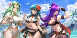 3girls bare_shoulders beach bikini bikini_boody black_bikini black_cape black_choker blue_eyes blue_hair breasts cape choker cleavage closed_mouth female_byleth_(fire_emblem) female_byleth_(summer)_(fire_emblem) female_shez_(fire_emblem) female_shez_(summer)_(fire_emblem) fire_emblem fire_emblem:_three_houses fire_emblem_heroes fire_emblem_warriors:_three_hopes flower green_eyes green_hair hair_flower hair_ornament hair_over_one_eye hibiscus highres large_breasts long_hair looking_at_viewer multiple_girls navel nintendo official_alternate_costume open_mouth purple_eyes purple_hair red_flower rhea_(fire_emblem) rhea_(summer)_(fire_emblem) smile stomach surfboard swimsuit white_bikini white_flower
