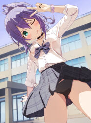 1girl :q absurdres ahoge aqua_eyes bangle black_bow black_bowtie black_choker black_nails black_panties blue_sky blush bow bowtie bracelet breasts choker clothes_lift collarbone collared_shirt concept_gyarus_(idolmaster) cowboy_shot diagonal-striped_bow diagonal-striped_bowtie diagonal-striped_clothes dot_nose double-parted_bangs gluteal_fold grey_skirt gyaru hand_up heart heart_choker highres idolmaster idolmaster_million_live! idolmaster_million_live!_theater_days jewelry long_hair looking_at_viewer loose_bowtie miuoisi mochizuki_anna one_eye_closed open_collar open_hand outdoors panties plaid_clothes plaid_skirt pleated_skirt ponytail purple_hair purple_scrunchie school school_uniform scrunchie shirt sidelocks silver_bangle silver_bracelet silver_ring skirt skirt_lift sky sleeves_rolled_up small_breasts solo standing striped_clothes tongue tongue_out underwear v v-shaped_eyebrows white_shirt wind wind_lift wrist_scrunchie