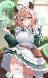1girl absurdres aki_hoshino animal_ears apron blonde_hair closed_mouth dress garter_straps green_dress green_eyes hat highres holding holding_smoking_pipe indie_virtual_youtuber looking_at_viewer name_tag naplings_(nimi_nightmare) nimi_nightmare nurse_cap one_side_up panties smile smoking_pipe tapir_ears tapir_girl thighhighs underwear virtual_youtuber white_apron white_panties white_thighhighs window