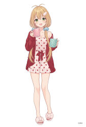 1girl :d alternate_costume antenna_hair aqua_scrunchie bow breasts camisole cardigan cleavage copyright_notice cup dot_nose food_print frills fruit_print full_body green_eyes hair_ornament hair_over_shoulder hair_scrunchie heart heart_print highres holding holding_cup light_blush long_hair long_sleeves looking_at_viewer low_twintails medium_breasts nail_polish no_socks official_art open_cardigan open_clothes open_mouth pink_slippers red_bow red_cardigan red_nails scrunchie shiromikan shorts simple_background single_bare_shoulder slippers smile solo spaghetti_strap standing strawberry_print toenail_polish toenails tsurumaki_maki twintails voiceroid white_background white_camisole white_shorts wispy_bangs