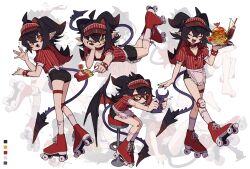 1girl :q absurdres ass black_hair burger color_guide demon_girl demon_tail demon_wings flat_chest food full_body glasses highres horns looking_at_viewer multicolored_hair multiple_views original pointy_ears red_hair roller_skates sharp_teeth short_shorts shorts skates smile tail teeth tongue tongue_out two-tone_hair waitress wings yellow_eyes zizi_niisan