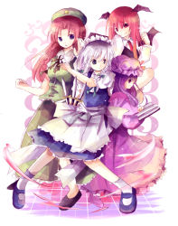 4girls apron bad_id bad_pixiv_id beret braid china_dress chinese_clothes demon_girl dress embodiment_of_scarlet_devil female_focus full_body green_dress hat head_wings hong_meiling ichitaro izayoi_sakuya koakuma looking_at_viewer maid maid_apron maid_headdress mary_janes multiple_girls patchouli_knowledge red_hair shoes sidelocks silver_hair standing star_(symbol) touhou twin_braids wings