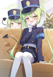 2girls :d absurdres armband blue_archive blue_armband blue_hat blue_jacket blue_shorts blurry blurry_background commentary couch cropped_jacket demon_girl demon_tail earrings fang finger_to_mouth gloves green_halo halo hat highres hikari_(blue_archive) jacket jewelry long_hair long_sleeves multiple_girls nozomi_(blue_archive) on_couch open_mouth pantyhose peaked_cap pointy_ears shinori_(efvbji6264) shirt short_shorts shorts siblings sitting smile tail twins twintails v-shaped_eyebrows very_long_hair white_gloves white_pantyhose white_shirt yellow_eyes