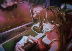 Rule 34 | 1girl, bare shoulders, blush, brown hair, camisole, commission, computer keyboard, computer mouse, controller, facial mark, game controller, hair ornament, heart, heart hair ornament, highres, holding, holding controller, holding game controller, indoors, long hair, looking at viewer, monitor, multicolored hair, open mouth, original, red camisole, red eyes, skeb commission, solo, streaked hair, two-tone hair, white hair, yuuri (0914yuuri k)