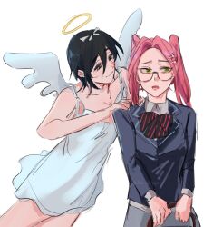 2girls alien_stage angel angel_wings bag black_bow black_bowtie black_hair blazer blood blood_on_face blue_jacket bow bowtie commentary diagonal-striped_bow diagonal-striped_bowtie diagonal-striped_clothes dress english_commentary green_eyes hair_bow hair_ornament hairclip halo highres holding holding_bag jacket long_hair looking_to_the_side medium_hair mizi_(alien_stage) multiple_girls official_alternate_costume pink_hair school_uniform signature sleeveless sleeveless_dress striped_clothes sua_(alien_stage) the_quipper traditional_halo twintails white_bow white_dress white_wings wings