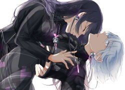 Rule 34 | 2girls, asahina mafuyu, black skirt, black sweater, blue eyes, braid, earrings, eyelashes, flower earrings, grey hair, grey skirt, hand on another&#039;s chest, hand on another&#039;s waist, hand under clothes, highres, jewelry, leaning back, leaning forward, long hair, long sleeves, multiple girls, necklace, official alternate costume, official alternate hair length, official alternate hairstyle, parted lips, phaze, project sekai, purple hair, short hair, simple background, skirt, soshite hari wa ugokidasu (project sekai), sweater, tearing up, turtleneck, turtleneck sweater, very long hair, white background, yoisaki kanade, yuri