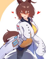 1girl agnes_tachyon_(umamusume) ahoge animal_ears black_necktie black_pantyhose black_shirt blush breasts chemical_structure coat collared_shirt commentary_request earrings hair_between_eyes hand_up heart hem_peeking_out highres horse_ears horse_girl horse_tail jewelry lab_coat large_breasts long_sleeves looking_at_viewer necktie open_clothes open_coat open_mouth pantyhose red_eyes s/ shirt short_necktie single_earring sleeves_past_fingers sleeves_past_wrists smile sweater tail test_tube umamusume vinsycal white_coat yellow_sweater