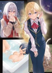 3girls ascot bathing bathtub blonde_hair blue_eyes blue_pants blush braid braided_ponytail breasts cat coat cover cover_page covering_nipples covering_privates fialka_tiursad frilled_sleeves frills glasses gold_trim grass green_hair grey_eyes grey_hair hair_between_eyes hamu_(plot_sy) hand_on_own_thigh highres kimoota_mob_youhei_wa_minohodo_o_ben_(waki_ma)_eru knees_up large_breasts leaning_forward long_hair long_sleeves low_ponytail mole mole_under_eye multiple_girls multiple_views novel_cover nude_cover official_art open_mouth paneled_background pants planet ponytail purple_eyes red_scarf scarf semi-rimless_eyewear sherry_(mob_youhei) shirt short_hair sitting skoona_noswile smile snow snowing standing steam tucking_hair vest waistcoat warming_hands water white_cat white_shirt