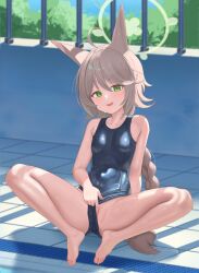 1girl absurdres ahoge animal_ears barefoot blue_archive blue_one-piece_swimsuit braid braided_ponytail breasts cleft_of_venus fox_ears fox_girl green_eyes green_halo grey_hair halo highres long_hair looking_at_viewer one-piece_swimsuit open_mouth otogi_(blue_archive) pussy school_swimsuit small_breasts solo spread_legs swimsuit uncensored very_long_hair whoning1