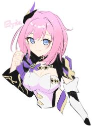 Rule 34 | 1girl, blue eyes, breasts, character name, cleavage, commentary, corset, cropped torso, doremifasorachi, elf, elysia (honkai impact), elysia (miss pink elf) (honkai impact), english commentary, hair ornament, honkai (series), honkai impact 3rd, large breasts, long hair, looking at viewer, pink hair, pointy ears, shrug (clothing), simple background, smile, solo, white background, white corset