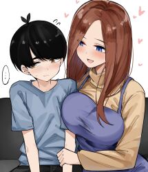 1boy 1girl age_difference age_regression aged_down apron black_hair blue_eyes blue_shirt blush breasts couch go-toubun_no_hanayome heart highres large_breasts long_hair mame1645 nakano_miku onee-shota red_hair shirt shota sitting sweater uesugi_fuutarou yellow_eyes