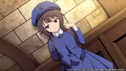 1girl alternate_costume blue_dress brown_hair dress hat indoors kono_subarashii_sekai_ni_shukufuku_wo! megumin official_art red_eyes solo tagme upset watermark