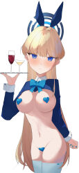 1girl absurdres animal_ears blonde_hair blue_archive blue_bow blue_bowtie blue_eyes blue_hairband blue_nails blue_pasties bow bowtie commentary cup drink drinking_glass fake_animal_ears hairband halo heart_maebari heart_pasties highres holding holding_plate long_hair maebari meme_attire multicolored_halo pasties plate rabbit_ears reverse_bunnysuit reverse_outfit shrug_(clothing) simple_background sukasusu_51te thighhighs toki_(blue_archive) toki_(bunny)_(blue_archive) very_long_hair white_background white_thighhighs wine_glass