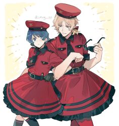 Rule 34 | 2boys, angelic pretty, artist name, bishounen, crossdressing, dress, gundam, hat, height difference, highres, kamille bidan, locked arms, military lolita, multiple boys, quattro bajeena, red dress, red hat, unworn eyewear, xing 20, zeta gundam