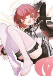 1girl arknights black_gloves black_jacket breasts chinese_commentary commentary detached_wings exusiai_(arknights) exusiai_the_new_covenant_(arknights) fingerless_gloves gloves halo holster jacket kampswe_galong looking_at_viewer no_shoes open_mouth red_hair shirt short_hair small_breasts solo teeth thigh_holster thighhighs upper_teeth_only white_shirt white_thighhighs wings yellow_eyes yellow_halo
