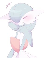 blush bob_cut closed_eyes colored_skin gardevoir gen_3_pokemon green_hair green_skin hair_over_one_eye multicolored_skin narumiya_pkmn nintendo parted_lips pokemon pokemon_(creature) simple_background smile two-tone_skin white_background white_skin
