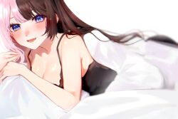 Rule 34 | 1girl, alternate costume, bare shoulders, black camisole, blanket, blue eyes, breasts, brown hair, camisole, cleavage, highres, iris black games, long hair, lying, multicolored hair, on stomach, open mouth, parted bangs, pink hair, solo, spaghetti strap, split-color hair, tachibana hinano, two-tone hair, virtual youtuber, vspo!, white background, yla2hn