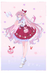 1girl absurdres blue_eyes bow dress elysia_(honkai_impact) flag frilled_dress frills hair_ornament highres honkai_(series) honkai_impact_3rd long_hair megaphone pink_hair pmg red_bow red_dress simple_background solo star_(symbol) toy very_long_hair