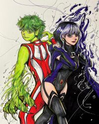 1boy 1girl aura beast_boy_(dc) claws colored_skin couple dc_comics green_eyes green_fur green_hair green_skin happy long_hair magic pointy_ears purple_hair raven_(dc) smile teen_titans thick_thighs thighs