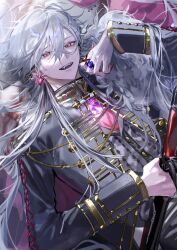 1boy earrings fangs gem grey_hair grey_jacket half-closed_eyes highres jacket jewelry kuzuha_(nijisanji) long_hair lying male_focus miroku_(butuzo33) mole mole_under_eye nijisanji on_back pointy_ears purple_gemstone red_eyes smile solo teeth upper_body upper_teeth_only virtual_youtuber
