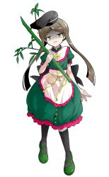 1girl alphes_(style) apron arm_at_side back_bow black_bow black_hat black_socks bow brown_hair commentary_request dairi dress frilled_apron frilled_dress frills full_body gloom_(expression) green_dress green_eyes green_shoes hat holding holding_plant large_variant_set looking_at_viewer mary_janes medium_dress parody parted_bangs parted_lips plant puffy_short_sleeves puffy_sleeves shoes short_hair_with_long_locks short_sleeves simple_background socks solo style_parody tachi-e teireida_mai touhou transparent_background variant_set waist_apron white_apron yellow_bow