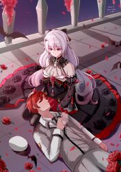 1boy 1girl absurdres animal_ears apus_chuanren black_dress breasts captain_(honkai_impact) chinese_commentary cleavage commentary_request dress falling_petals flower grey_pants grey_vest hat highres honkai_(series) honkai_impact_3rd lap_pillow large_breasts long_hair military_uniform naval_uniform night night_sky pants petals red_eyes red_flower red_hair red_rose rose short_hair sky theresa_apocalypse theresa_apocalypse_(luna_kindred) theresa_apocalypse_(lunar_vow:_crimson_love) tile_floor tiles unworn_hat unworn_headwear very_long_hair vest white_hair