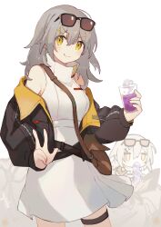 Rule 34 | 1girl, armpit crease, bag, black jacket, blush stickers, breasts, brown bag, chibi, chibi inset, closed mouth, cup, dress, erua ( 8eru), eyebrows hidden by hair, eyewear on head, grey hair, hair between eyes, highres, holding, holding cup, honkai: star rail, honkai (series), jacket, looking at viewer, medium breasts, medium hair, multiple views, purple liquid, shoulder bag, simple background, smile, smirk, smoke, stelle (honkai: star rail), stelle (world tour 2023) (honkai: star rail), sunglasses, thigh strap, trailblazer (honkai: star rail), turtleneck, turtleneck dress, v, vomiting rainbows, white background, white dress, yellow eyes