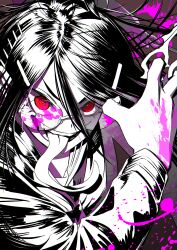 Rule 34 | 1girl, blood, danganronpa: trigger happy havoc, danganronpa (series), fukawa toko, genocider shou, glasses, hair between eyes, hair ornament, hairclip, haishima xv, hand up, highres, messy hair, pink blood, red eyes, sailor collar, shirt, smile, solo, teeth, tongue, tongue out, upper body