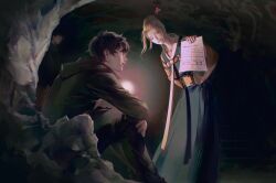 Rule 34 | 3boys, arm around leg, arm behind back, baji, black hoodie, black pants, black shirt, blonde hair, blue hanbok, brown hair, brown pants, cave, cave interior, dark, glowing, ha jinsung, hair bun, hair ornament, han sung yu, hanbok, highres, holding, holding paper, hood, hoodie, jeogori (clothes), korean clothes, lips, long sleeves, looking at another, multiple boys, orb, original, pants, paper, parted lips, realistic, rock, shancunyinian, shirt, single hair bun, sitting, teeth, tower of god, twenty-fifth bam