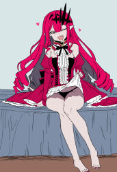1girl baobhan_sith_(fate) baobhan_sith_(first_ascension)_(fate) bare_shoulders barefoot black_panties breasts center_frills clothes_lift detached_sleeves dress earrings fate/grand_order fate_(series) feet frilled_dress frills grey_eyes highres hmzeus jewelry lifting_own_clothes long_hair looking_at_viewer on_bed one_eye_closed open_mouth panties pink_hair pink_nails pointy_ears red_dress sidelocks simple_background sitting skirt skirt_lift smile solo tiara underwear
