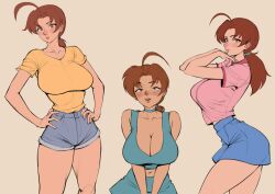 absurdres ahoge blue_choker blue_scrunchie blue_skirt blue_tank_top blush breast_press breasts breasts_squeezed_together brown_eyes brown_hair chocolategameboy choker cleavage delia_ketchum denim denim_shorts from_side game_freak hands_on_own_face hands_on_own_hips highres large_breasts looking_at_viewer mature_female midriff nintendo nose_blush pink_shirt pokemon pokemon_(anime) scrunchie shirt shorts simple_background skirt tank_top thick_thighs thighs v_arms yellow_shirt