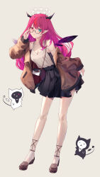Rule 34 | 1girl, absurdres, adjusting eyewear, alternate costume, aqua eyes, bag, black-framed eyewear, black skirt, bloom (irys), breasts, brown jacket, brown shoes, chestnut mouth, cleavage, contrapposto, crystal wings, demon horns, detached wings, dimazu, double halo, full body, gloom (irys), grey background, halo, handbag, heterochromia, highres, hololive, hololive english, horns, irys (hololive), jacket, long hair, looking at viewer, off shoulder, pink eyes, pink hair, pink nails, pleated skirt, pointy ears, semi-rimless eyewear, shirt, shirt tucked in, shoes, skirt, sleeveless, sleeveless shirt, solo, standing, virtual youtuber, white shirt, wings