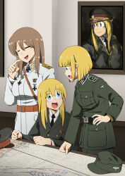 3girls badge belt belt_buckle blonde_hair blue_eyes breasts brown_hair buckle closed_eyes cross epaulettes highres iron_cross large_breasts map medals military military_uniform mrxinom multiple_girls nazi necktie open_mouth original portrait reichsadler short_hair swastika table