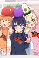 3girls :d :i ^_^ absurdres blue_eyes blue_ribbon blue_sweater blush brown-framed_eyewear brown_jacket brown_shorts closed_eyes closed_mouth commentary_request cosplay curtained_hair fang glasses hair_ornament hair_ribbon hairclip highres hinoshita_kaho hinoshita_kaho_(summer_loungewear) hood hooded_jacket in-universe_location indoors jacket kametora_(kametora02) link!_like!_love_live! long_sleeves looking_at_viewer love_live! low_twintails medium_hair multiple_girls murano_sayaka murano_sayaka_(cosplay) murano_sayaka_(summer_loungewear) official_alternate_costume open_clothes open_jacket open_mouth orange_hair orange_sweater osawa_rurino osawa_rurino_(summer_loungewear) parted_bangs pink_sweater print_sweater purple_hair rabbit_hair_ornament ribbon shorts smile striped_clothes striped_jacket stuffed_avocado stuffed_eggplant stuffed_tomato stuffed_toy sweater tomato_print twintails virtual_youtuber
