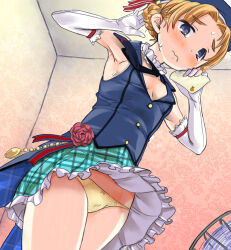 1girl blue_eyes blush braid breasts cleavage elbow_gloves electric_fan girls_und_panzer gloves highres indoors miniskirt nabeyu open_mouth orange_hair orange_pekoe_(girls_und_panzer) panties skirt small_breasts solo underwear white_gloves yellow_panties