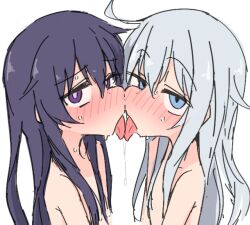2girls ahoge akatsuki_(kancolle) ame_(amechan17391739) blue_eyes blush french_kiss full-face_blush hair_between_eyes hibiki_(kancolle) kantai_collection kiss long_hair multiple_girls purple_eyes purple_hair saliva saliva_trail simple_background sketch tongue tongue_out white_background white_hair