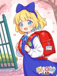 1girl :d backpack bag blonde_hair blue_bow blue_dress blue_eyes blue_hair blue_hairband blue_ribbon bow bow_hairband cherry_blossoms child collared_shirt colored_inner_hair commentary_request crime_prevention_buzzer dress dress_shirt falling_petals hair_bow hairband holding_strap long_sleeves looking_at_viewer medium_hair multicolored_hair neck_ribbon onyhakase open_mouth original petals pinafore_dress randoseru red_bag ribbon shirt sleeveless sleeveless_dress smile solo two-tone_hair white_shirt