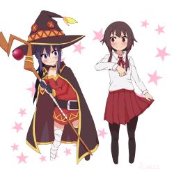 Rule 34 | 2girls, asymmetrical legwear, bandaged leg, bandages, belt, blush, breasts, cape, collar, cosplay, costume switch, crossover, d. (kamabokorhapsod), dress, fingerless gloves, gloves, hat, highres, himouto! umaru-chan, holding, holding staff, kono subarashii sekai ni shukufuku wo!, megumin, megumin (cosplay), mismatched legwear, motoba kirie, multiple girls, pantyhose, purple eyes, purple hair, red dress, red eyes, school uniform, short hair with long locks, single thighhigh, skirt hold, staff, thighhighs, wavy mouth, witch hat