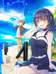 Rule 34 | 1boy, 1girl, :d, accidental pervert, arm at side, bare arms, bare shoulders, black camisole, black choker, black hair, black hairband, black skirt, blue sky, blush, bone hair ornament, bra, breasts, brown eyes, brown hair, camisole, choker, cleavage, cloud, commentary, day, eyelashes, eyes visible through hair, feet out of frame, floating hair, frilled choker, frills, full body, hair between eyes, hair ornament, hairband, hand up, happy, highres, jitome, kushima kamome, lace, lace-trimmed bra, lace trim, large breasts, lliissaawwuu2, long hair, looking ahead, looking at viewer, medium skirt, midriff peek, ocean, open mouth, outdoors, profile, shore, short hair, sitting, skirt, skull and crossbones, skull hair ornament, sky, smile, sparkle, standing, summer pockets, takahara hairi, tareme, underwear, yellow eyes