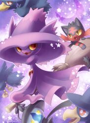 artist_name broom broom_riding climbing colored_sclera creatures_(company) crescent flying game_freak gen_2_pokemon gen_4_pokemon gen_5_pokemon gen_7_pokemon highres lampent litten looking_at_another mismagius murkrow nintendo open_mouth pokemon pokemon_(creature) red_eyes sasabunecafe star_(symbol) twitter_username yellow_eyes yellow_sclera
