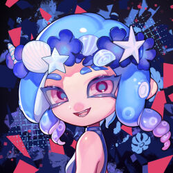 1girl bare_shoulders blue_hair blue_shirt breasts drill_hair eyebrow_cut fang flower_wreath gradient_hair head_wreath highres looking_at_viewer medium_hair multicolored_hair nezumi_(tuboshu2013) nintendo octoling octoling_girl octoling_player_character open_mouth parted_bangs pink_eyes pink_hair portrait shirt sleeveless sleeveless_shirt smile solo splatoon_(series) twin_drills