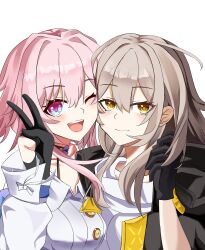 2girls absurdres black_choker black_gloves black_jacket blue_eyes bra_strap breasts buttons chinese_commentary choker closed_mouth collarbone commentary_request gloves grey_hair hand_up highres honkai:_star_rail honkai_(series) jacket litemusi looking_at_viewer march_7th_(honkai:_star_rail) march_7th_(preservation)_(honkai:_star_rail) medium_breasts medium_hair multicolored_eyes multiple_girls one_eye_closed open_mouth partially_fingerless_gloves pink_eyes pink_hair pink_pupils shirt simple_background smile stelle_(honkai:_star_rail) teeth trailblazer_(honkai:_star_rail) two-tone_eyes upper_teeth_only v white_background white_shirt yellow_eyes yellow_pupils