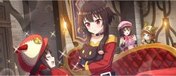 4girls banner belt belt_collar black_belt black_cat blush bow bowtie breasts brick_wall brooch brown_hair brown_hat buttons candlestand cat child chomusuke collar collarbone couch deerstalker detective dot_nose double-breasted dress finger_to_mouth game_cg green_eyes hair_bow hands_up hat hat_bow hat_ornament hat_ribbon hat_with_ears highres index_finger_raised indoors jewelry komekko kono_subarashii_sekai_ni_shukufuku_wo! konosuba!_fantastic_days large_breasts lens_flare low_twintails megumin miia_(konosuba) multiple_girls off-shoulder_dress off_shoulder official_art open_mouth paw_print pink_bow pink_bowtie pink_hat pink_ribbon red_bow red_dress red_eyes red_hat ribbon short_hair short_hair_with_long_locks short_twintails shushing siblings sidelocks sisters small_sweatdrop smile smug sparkle star_(symbol) star_brooch star_hat_ornament third-party_source twintails yunyun_(konosuba)