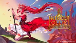 1girl bare_shoulders birthday black_choker black_nails character_name choker cloud copyright_notice dress floating_hair green_eyes heterochromia high_heels holding holding_sword holding_weapon hololive hololive_indonesia kureiji_ollie lam_(ramdayo) layered_dress long_hair multicolored_eyes nail_polish open_mouth red_dress red_eyes red_hair sky solo stitched_arm stitched_face stitched_leg stitches sword tiara virtual_youtuber weapon white_dress yellow_eyes zombie